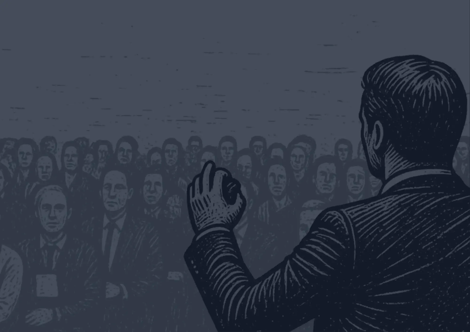 Engraved illustration. A leader seen from behind, one hand raised mid-gesture, facing rows of faces looking back at him.