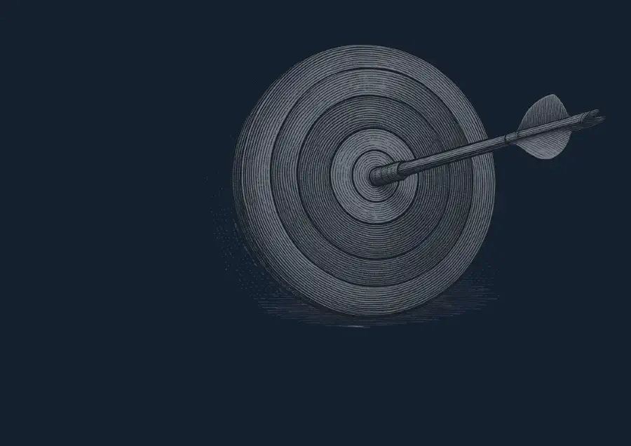 Engraved illustration. A dartboard seen straight on, with a single dart in the bullseye.