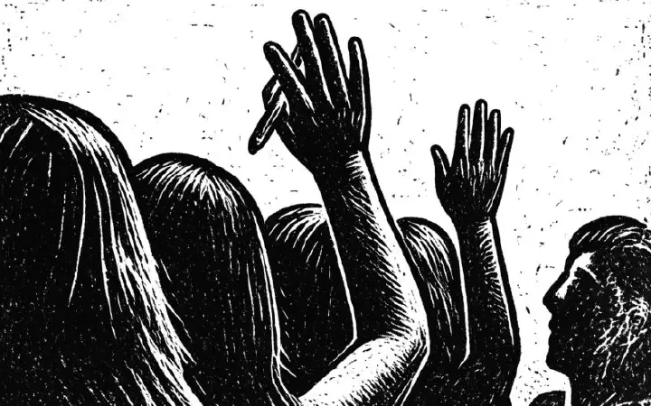An audience seen from behind, hands raised, in linocut style