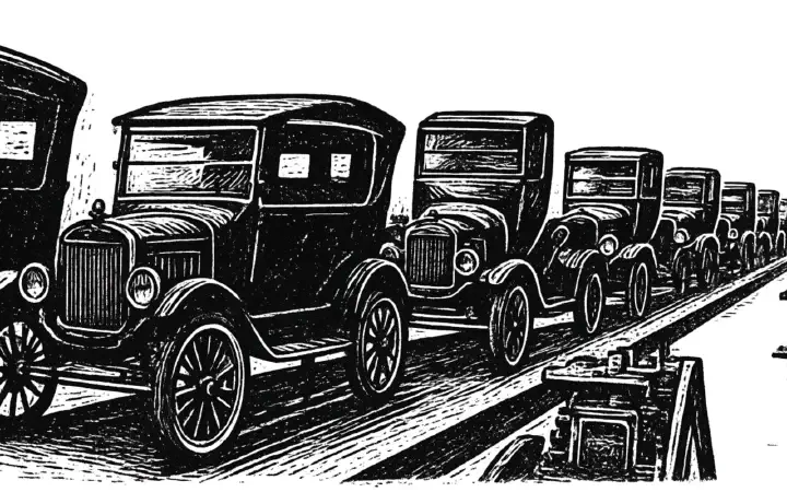 The Ford Model T production line, in linocut style