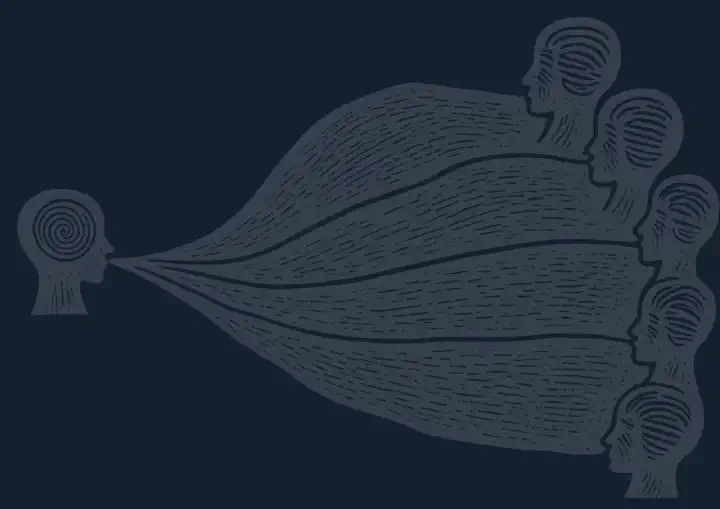 A head on the left speaking one message that fans out into five lines, each reaching a different listener